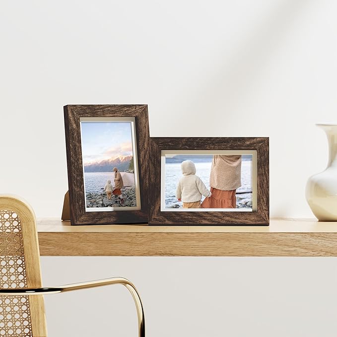 Vittanly 4x6 Picture Frames Set of 9, Shatter Resistant Plexiglass, Display 3.5x5 Pictures with Mat or 4x6 without Mat, Photo Frames for Wall or Tabletop, Engineered Wood, Brown-Ruum Studio Home