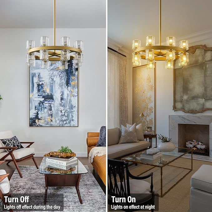 Gold Chandelier Light Fixture Kitchen and Dining, 16-Lights Modern Chandeliers for Dining Room, 18" Farmhouse Kitchen Pendant Lights Over Table, Crystal Wagon Wheel Chandelier(Bulbs Included)-Ruum Studio Home