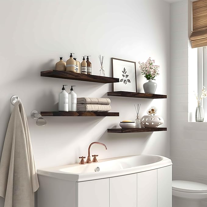 Wood Floating Shelves for Wall Decor, Rustic Wall Shelves for Bedroom Bathroom Kitchen Living Room, Set of 6 Walnut-Ruum Studio Home