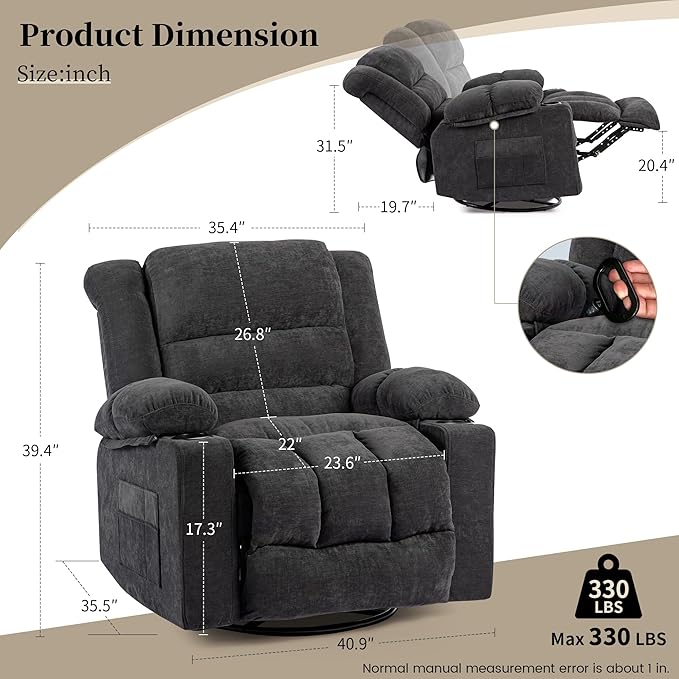 Recliner Chair Rocker Modern Ergonomic Lounge 360 Degree Swivel Single Sofa Seat Living Room Lounge Recliners on Clearance Foam Filling-Ruum Studio Home