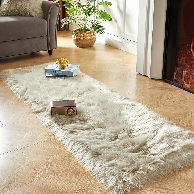 AMTOVO Faux Fur Rug, Light Grey Ultra Soft Fluffy Shag Sheepskin Rug, 2 x 6 ft Runner Area Rugs for Bedroom Sofa Throw Cushion Room Decor, Rectangle-Ruum Studio Home