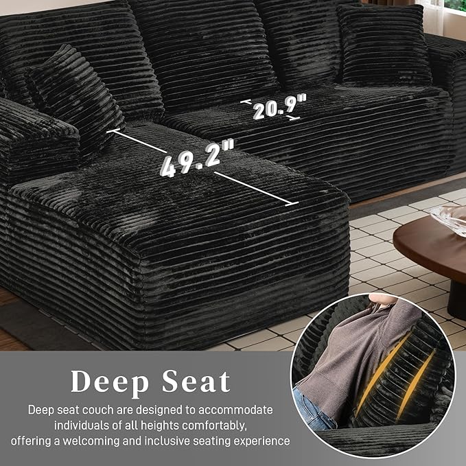 Modular Sectional Sofa Cloud Sectional Couch, 107" Comfy Fluffy L Shaped Light Black Couches for Living Room, Deep Seat Memory Foam Corduroy Boneless Couch Sectionals with Right Facing Chaise Sofa-Ruum Studio Home