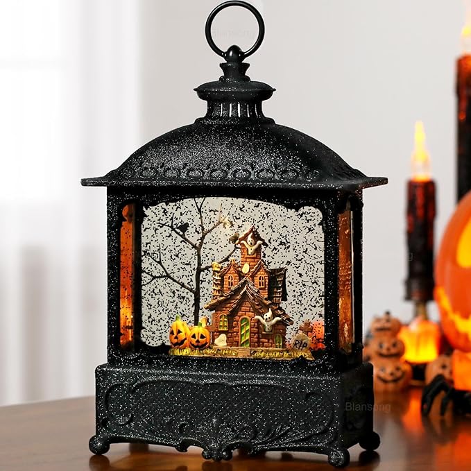 Halloween Snow Globe Lantern Ghost Snow Globe Halloween Decorations for Home Haunted House Pumpkin Ghost Tree Crow Rip Dancing Bats with Timer, USB and Battery Powered 12 inch-Ruum Studio Home