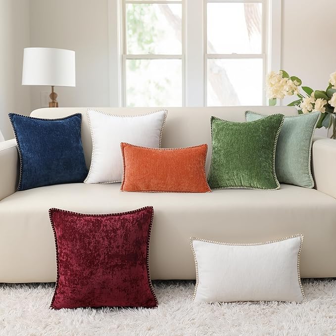 decorUhome Fall Chenille Soft Throw Pillow Covers 20x20 Set of 2, Farmhouse Velvet Neutral Decorative Euro Pillow Covers with Stitched Edge for Couch Sofa Bed Home Decor, Forest Elf-Ruum Studio Home
