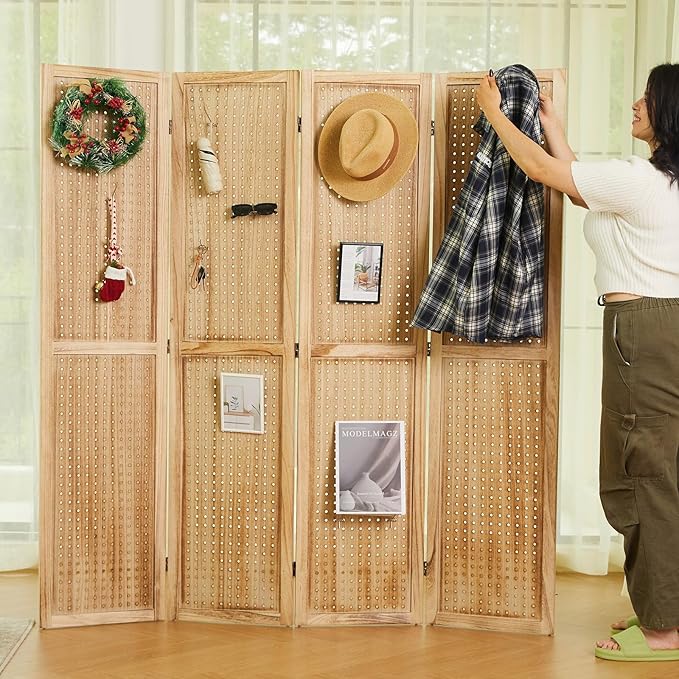 Room Divider Freestanding Folding Pegboard Privacy Screen | 4-Panel Display Stand for Jewelry, Craft Shows, Retail | Natural Wood, Portable & Space-Saving Design (Natural)-Ruum Studio Home