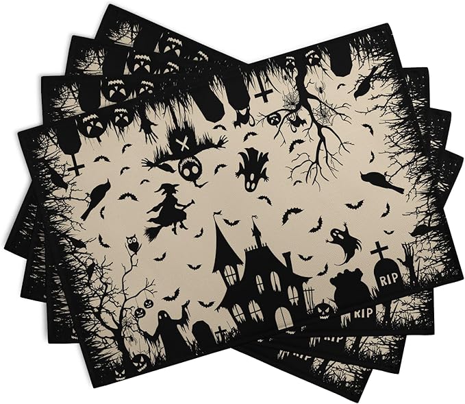 Halloween Placemats 12x18 Inch Set of 4 Black White Witch Castle Ghost Place Mats Spooky Haunted House Bats Tree Crow Table Mat for Party Kitchen Dining Outdoor Indoor Decor-Ruum Studio Home