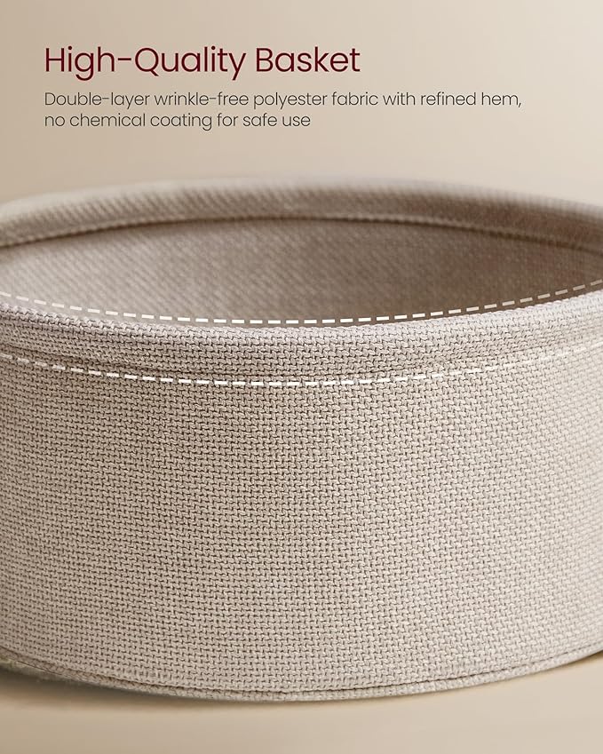 VASAGLE Side Table with Charging Station, Round End Table with Fabric Basket, Nightstand with Power Outlets, USB Ports, for Living Room, Bedroom, Modern, Matte White and Camel Brown ULET228W01-Ruum Studio Home