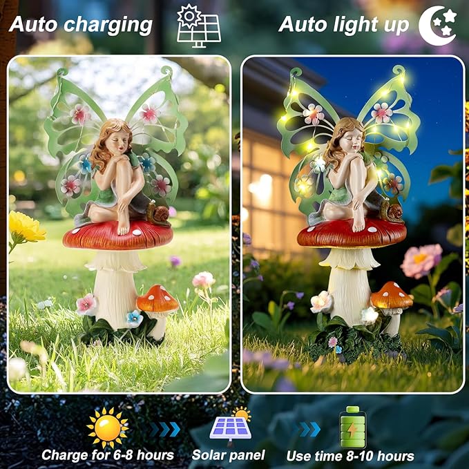 Solar Fairy Garden Decor Flower Fairies Mushroom Figurines with Snail Decor Gifts for Women Mom Miniature Fairy Figurine for Lawn Garden Patio Yard Decorations Outdoor Statue-Ruum Studio Home