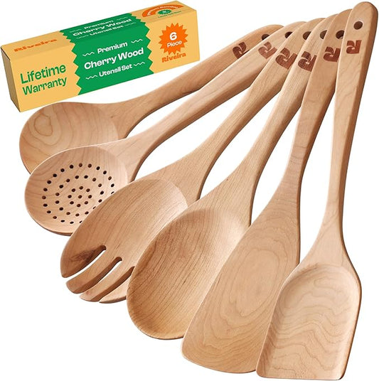 Riveira Cherry Wooden Spoons for Cooking Set of 6 – Natural Cherry Wood Cooking Utensils, Wooden Spatula, Wooden Spoon - Premium Quality Wooden Utensil Set for Non-Toxic Cooking-Ruum Studio Home