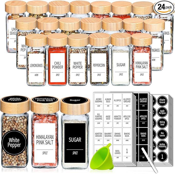 Churboro 24 Spice Jars with Labels & Bamboo Lids - 4 Oz Glass Containers with Shaker Lids, 547 Spice Labels of 3 Different Types Seasoning Jars for Spice Rack, Cabinet, or Drawer-Ruum Studio Home