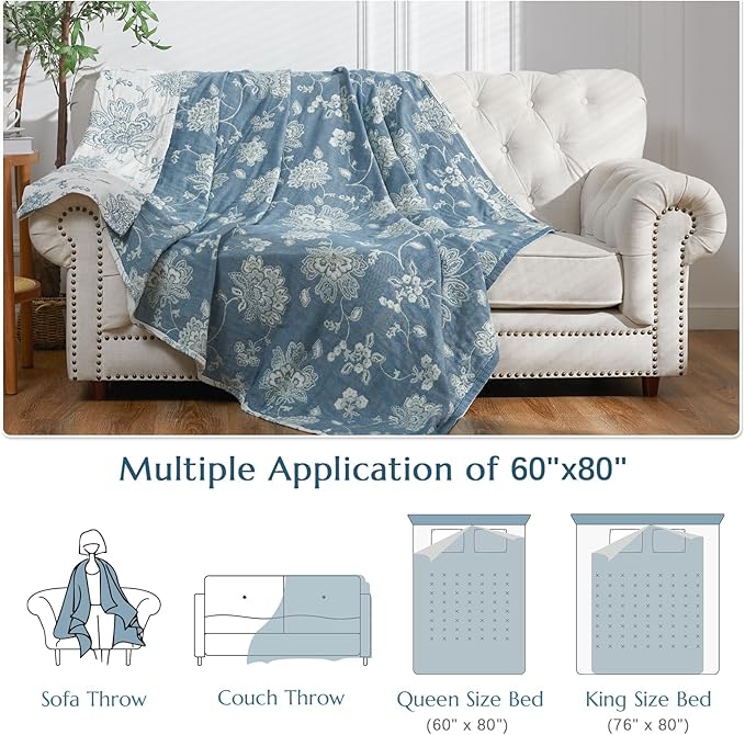 jinchan Boho 100% Cotton Muslin Twin Size 60x80 Inches Blanket Lightweight 4-Layer Quilted Soft Blue and White Floral Throw Blanket Green Accents Reversible Comfy Flower Summer Couch Bedroom Decor-Ruum Studio Home