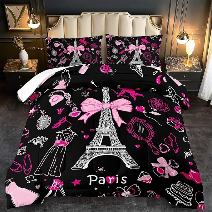 Eiffel Tower Comforter Set Full Size,Eiffel Tower Bedding Set for Girls, Pink and Black Paris Themed Comforter Bedroom Decor,Paris Quilt French Style Romantic Bedding-Ruum Studio Home