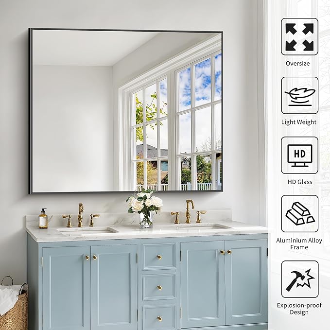 40x48inch Black Bathroom Mirror, Black Rectangle Mirror with Frame, Large Rectangular Wall Mirrors for Bathroom, Living Room, Hair Salon, Big Farmhouse Mirror Hang Horizontal/Vertical-Ruum Studio Home