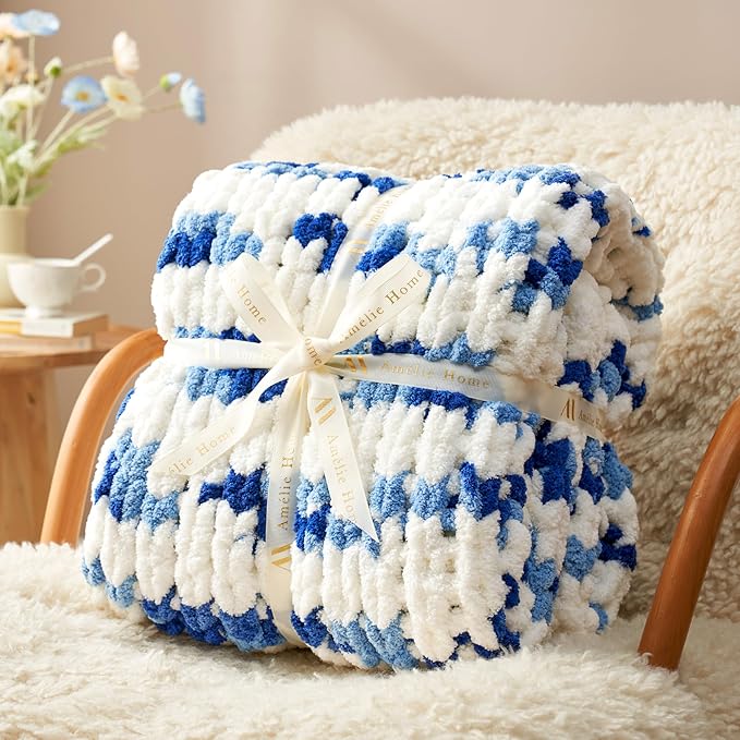 Amélie Home Chunky Knit Throw Blanket for Couch, Soft Chenille Crochet Blanket for Sofa, 50"x60", Space-Dyed Blue Striped-Ruum Studio Home