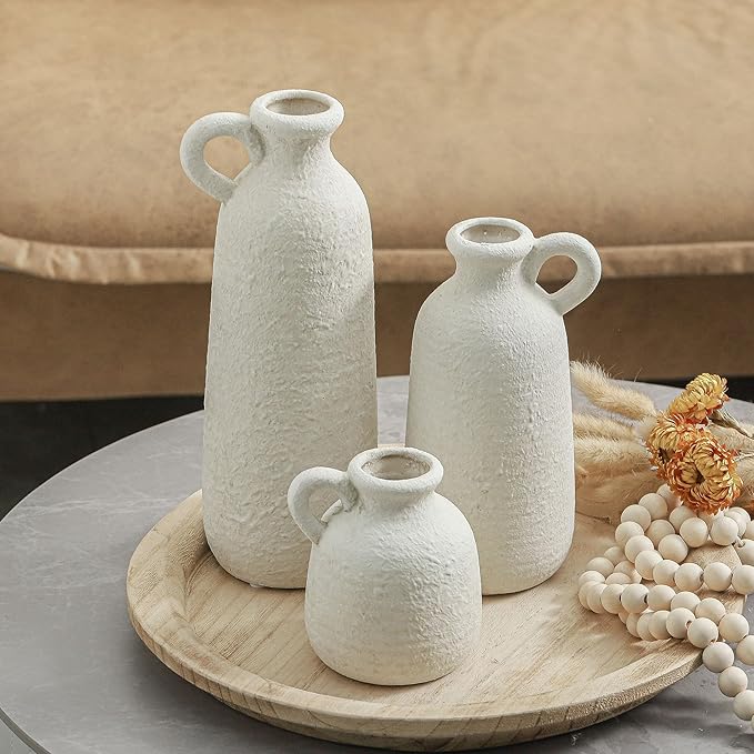 Ceramic Vase Set of 3 with Handle, Neutral Rustic Vases Home Decor Farmhouse Decorative Vase Whitewashed Pottery Decor Modern for Table Mantel Entryway Bookshelf Living Room Kitchen Bedroom - White-Ruum Studio Home