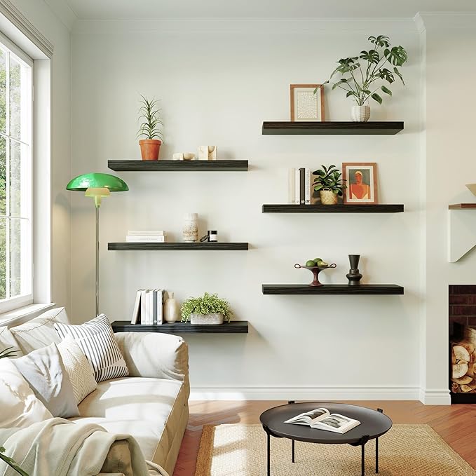 Large Floating Shelves for Wall Set of 3 Wooden Wall Shelves 30 in x 12.75 in x 2 in Room Decor Long Shelf with Invisible Wall Mount Bracket for Bedroom Kitchen Living Room Black Wood-Ruum Studio Home