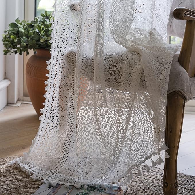 Sutuo Home Cream White Crochet Boho Curtain 84 Inches Length, Sheer Lace Handmade Tassels Knitted Window Treatment Vintage Rustic Bohemian Farmhouse Drape for Bedroom Rod Pocket 1 Panel 59" W x 84" L-Ruum Studio Home