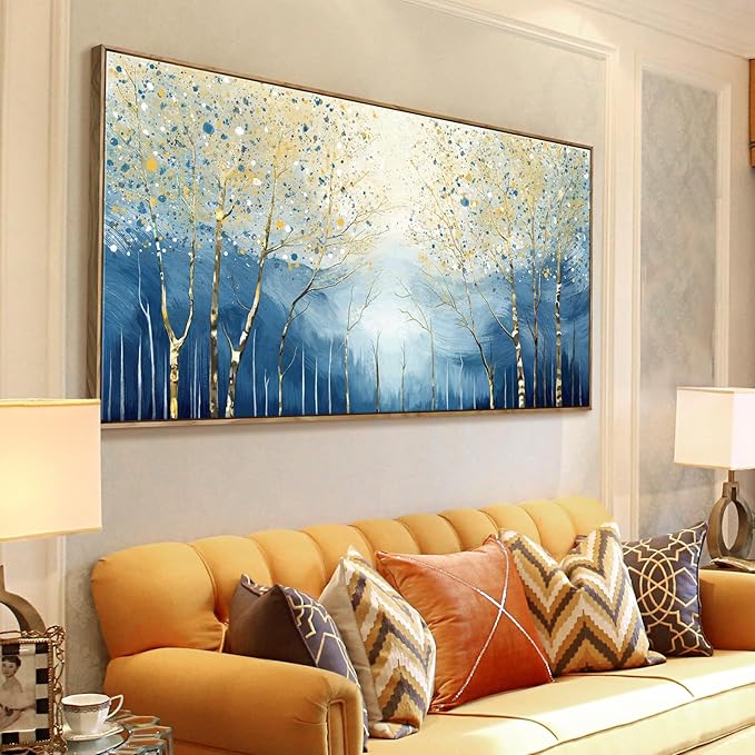amatop Extra Large Framed Wall Picture for Living Room Abstract Forest Canvas Art Print Modern Landscape Tree of Life Picture Oversized Birch Artwork Bedroom Home Office Decor Blue Orange 58x29 Inch-Ruum Studio Home