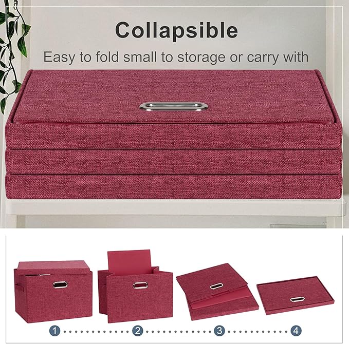 Large 17" 36 Quart Collapsible Stackable Storage Bins with Lids, 3 Packs Bright Red Linen Fabric Closet Boxes with Lids, Storage Cube Baskets Container Organizers for Office (17x12x11)-Ruum Studio Home