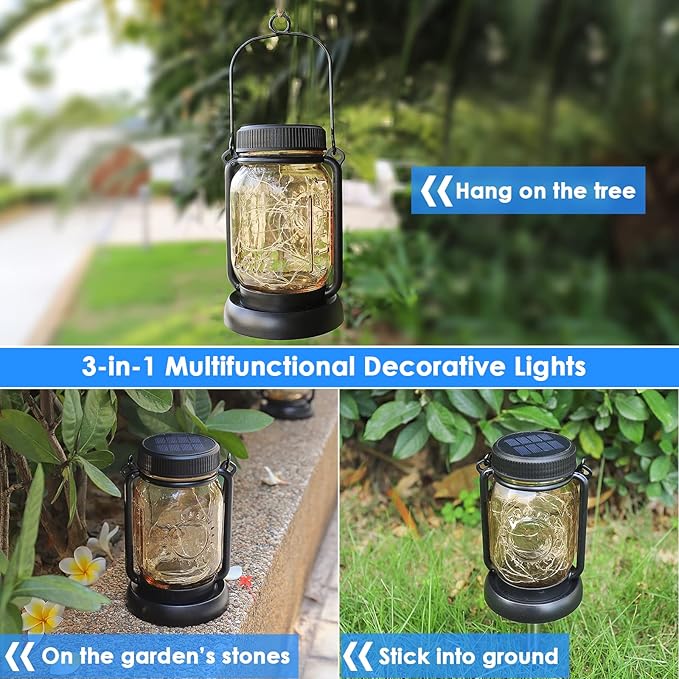 Mlambert Cool White 4 Pack Solar Hanging Mason Jar Lights with Stakes, Waterproof Decorative 30 LEDs Outdoor Solar Lantern Lamp Patio Garden Tree Yard-Ruum Studio Home