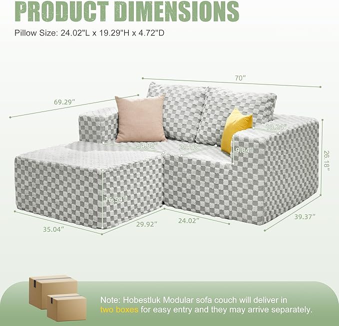 Hobestluk Modular Sectional Sofa Memory Foam Couch L Shape Sofa for Living Room Loveseat with Chaise Lounge Cloud Couch with Removable Cove (Plush GREYOLIVE, Loveseat with Chaise)-Ruum Studio Home