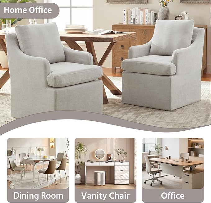 VKNOW Upholstered Dining Chairs, Modern Kitchen Chairs Dinner Chairs with 4 Casters, Linen Armchair for Bedroom Reading Room Living Room, Light Grey-Ruum Studio Home