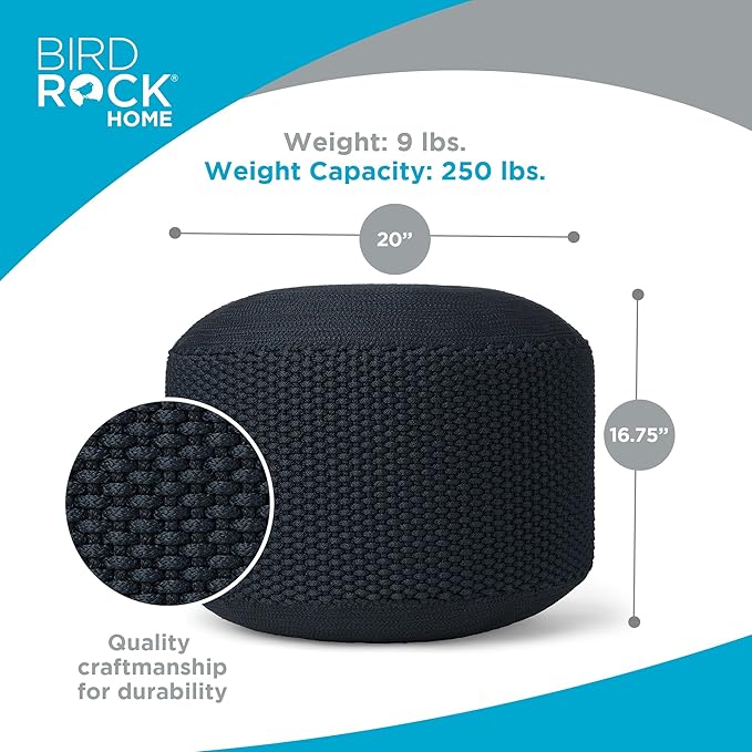 BIRDROCK HOME Outdoor Pouf Ottoman | Hand Woven Waterproof Foot Stool with Bead Bag Filling | Boho Foot Rest for Patio, Living Room, Porch & Outdoor Seating | Lightweight, Soft Stuffed Chair | Navy-Ruum Studio Home