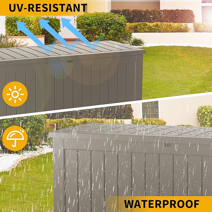 100 Gallon Outdoor Storage Box Waterproof Lockable Resin Deck Box Large, Patio Storage Bin for Pool Accessories Cushion Furniture, Garden Tools, UV-Resistant Outside Delivery Grey-Ruum Studio Home