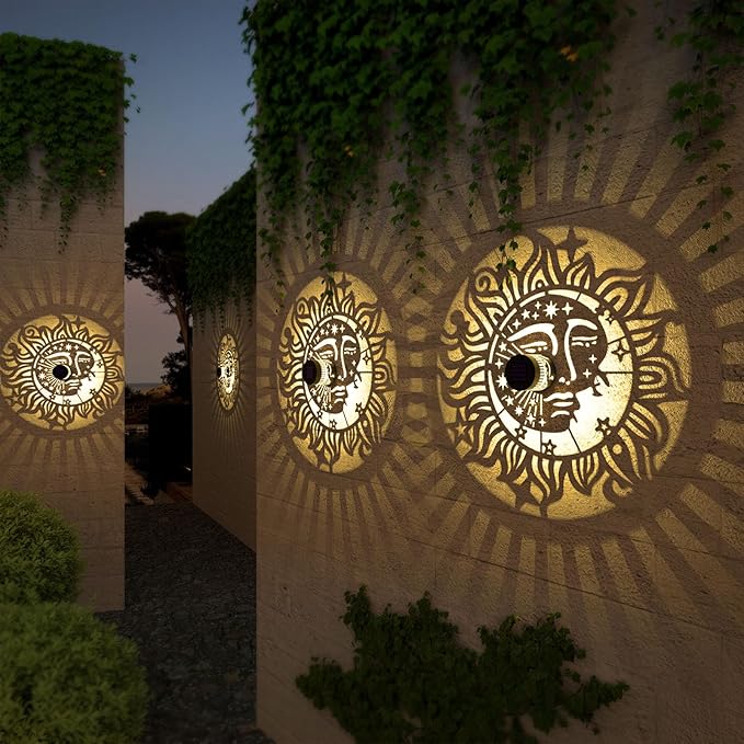 4 Pack Solar Fence Lights Metal Solar Powered Outdoor Wall Deck Step Lights Sun Moon Theme Waterproof Fence Light for Garden Post Patio Backyard Yard Decor, Gardening Gifts for Women Mom Grandma-Ruum Studio Home