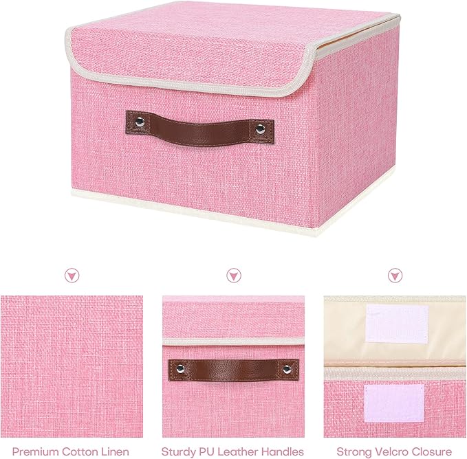 ANMINY 4PCS Storage Bins with Lid PU Leather Handles Storage Boxes PP Plastic Board Decorative Foldable Lidded Cotton Linen Fabric Home Cubes Baskets Closet Organizer Containers - Pink, Small Size-Ruum Studio Home