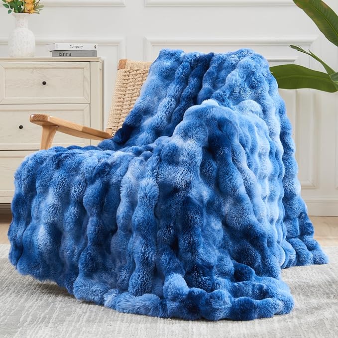 NEWCOSPLAY Faux Fur Throw Blanket Indigo Luxury Fluffy Thick Warm Bubble Blanket for Couch Sofa Bed 700GSM (Indigo, Throw(50"x60"))-Ruum Studio Home