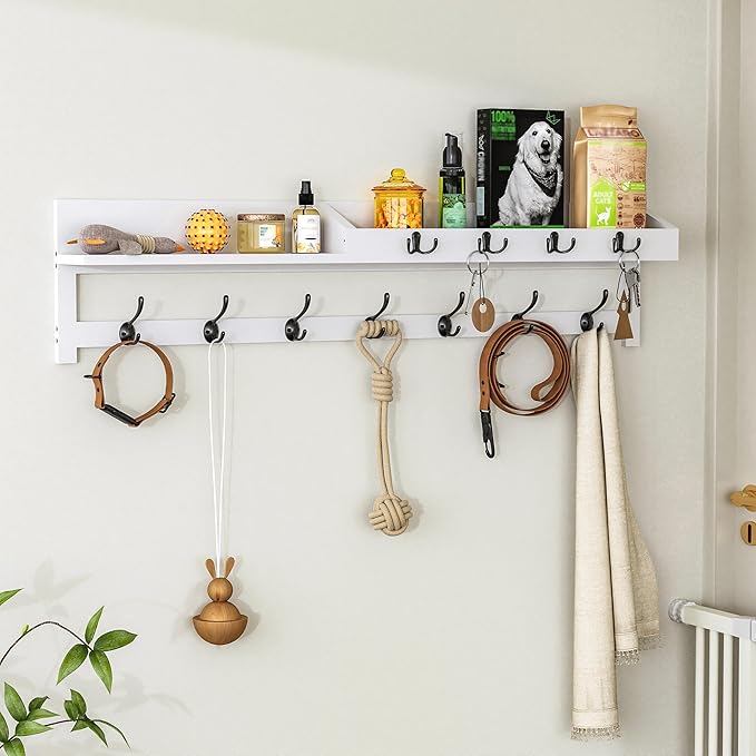 AMBIRD 35 inch Coat Rack Wall Mount, Extra Long Coat Hooks Wall Mount, Entryway Shelf with 7 Dual Coat Hooks 4 Key Hooks Mail Organizer, Wooden Wall Coat Rack with Hooks, Key Holder Rack (White)-Ruum Studio Home
