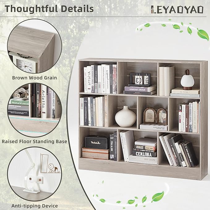 LEYAOYAO 10 Cube Bookshelf with Base,3 Tier Mid-Century Modern Grey Bookcase,Standing Wide Bookshelves Storage Organizer Shelf,Rustic Wood Display Cabinet Book Shelves for Bedroom,Living Room,Office-Ruum Studio Home