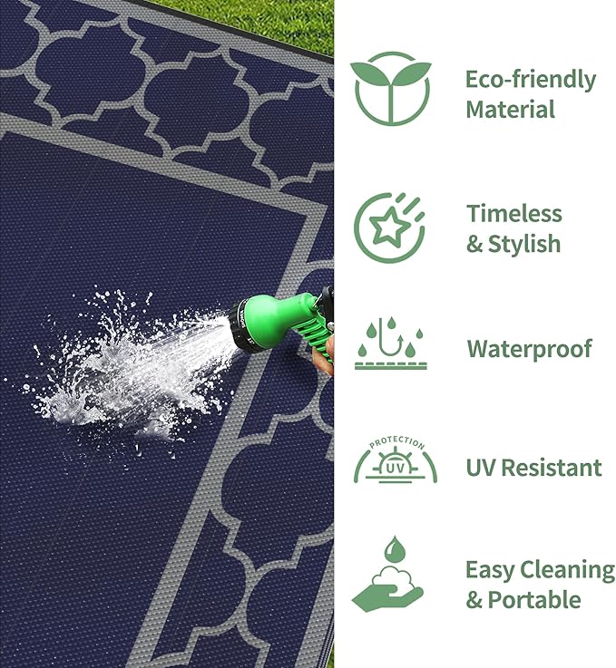 GENIMO Outdoor Rug 9' x 12' Patio Waterproof, Foldable Reversible Plastic Straw Area Rugs Mat for Camper Decor, Outside Carpet for Rv, Deck, Porch, Picnic, Beach, Balcony, Blue & Grey-Ruum Studio Home