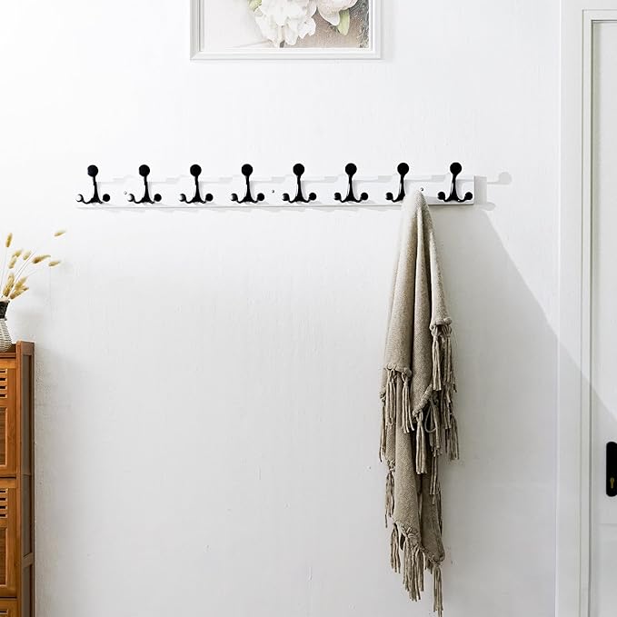 SKOLOO 43-Inch White Wood Coat Rack Wall Mount with 8 Triple Hooks - Ideal for Family Entrances, Classrooms, and Pet Supplies Storage - Perfect Coat Hooks for Wall, Pack of 2-Ruum Studio Home