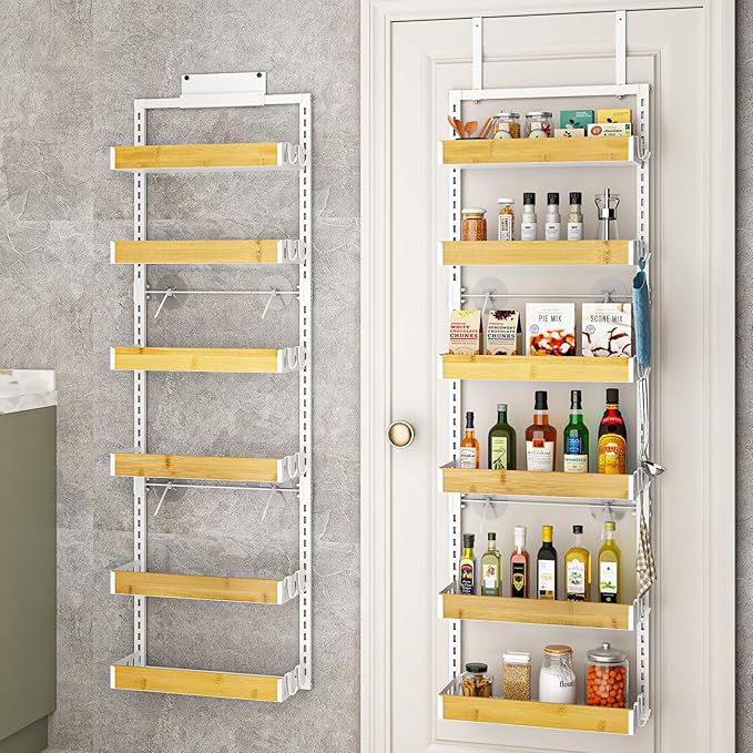 bukfen Over the Door Pantry Organizer 6-Tier Adjustable Basket Kitchen Pantry Door Organization and Storage, 2 in 1 Wall Mount or Hanging Heavy-Duty Metal Hanging Kitchen Spice Rack,White Bamboo Color-Ruum Studio Home