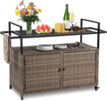Wicker Outdoor Bar Cart - Brown Patio Console Storage Table Buffet Cabinet Serving Kitchen Cart with Wheels for Outside Backyard-Ruum Studio Home