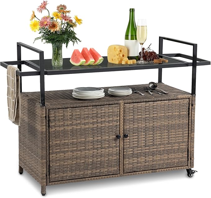 Wicker Outdoor Bar Cart - Brown Patio Console Storage Table Buffet Cabinet Serving Kitchen Cart with Wheels for Outside Backyard-Ruum Studio Home