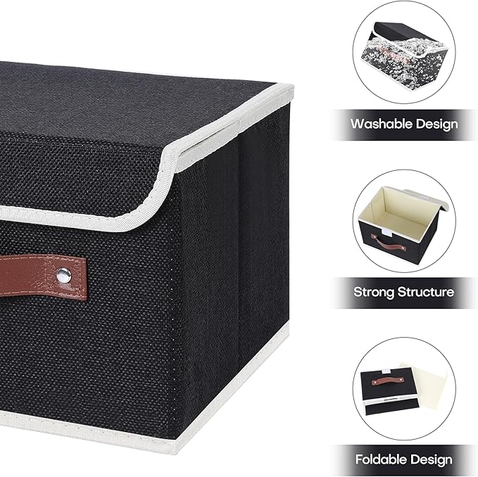 ANMINY 2PCS Storage Bins with Lid PU Leather Handles Storage Boxes PP Plastic Board Decorative Foldable Lidded Cotton Linen Fabric Home Cubes Baskets Closet Organizer Containers - Black, Small Size-Ruum Studio Home