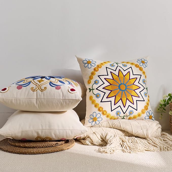 Embroidered Throw Pillow Cover 18x18 Classic Boho Floral Pattern Pillows Cover Outdoor Decorative Pillowcase,Durable Cozy Textured Cushion Case for Sofa Couch Bed Living Room,Yellow-Ruum Studio Home