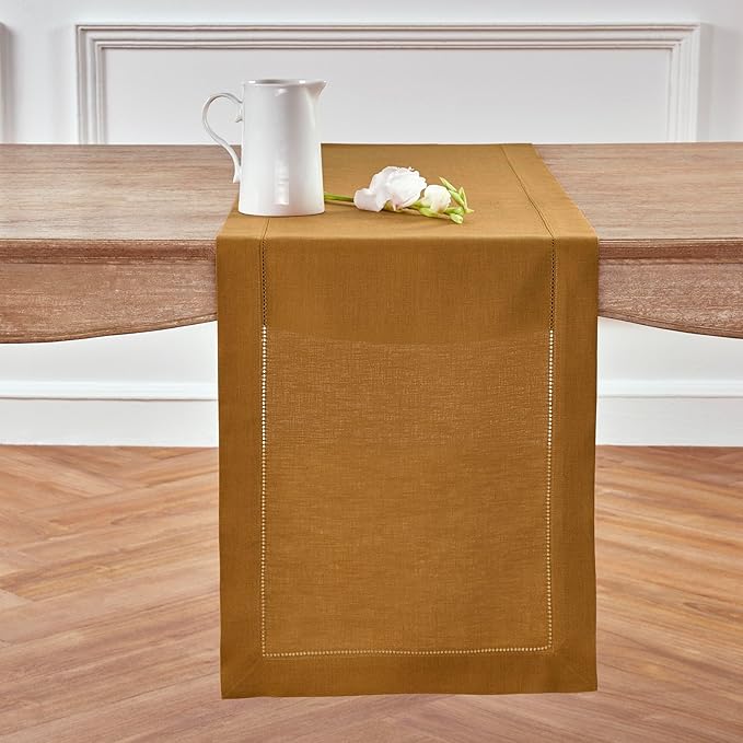 Solino Home Linen Hemstitch Table Runner 60 Inches - 100% Pure Linen Brown Sugar Hemstitch Table Runner 14 x 60 Inch Ideal for Dresser and Coffee Tables - Fall, Thanksgiving - Classic Hemstitch-Ruum Studio Home
