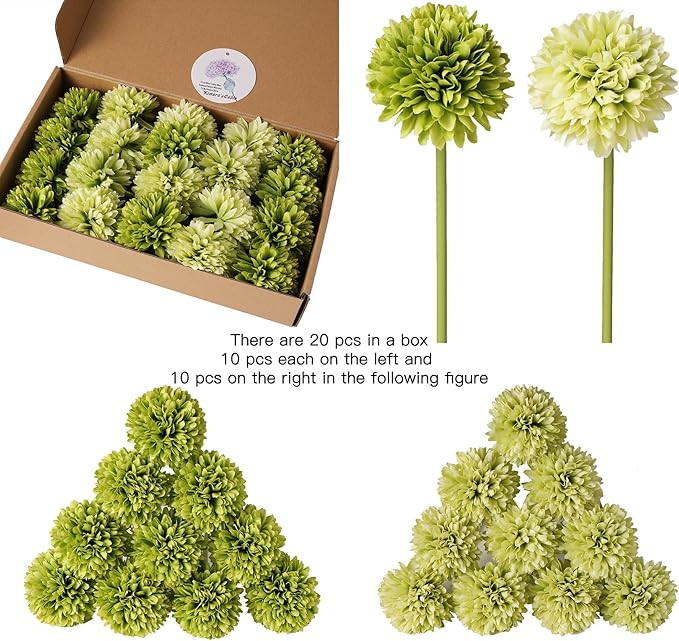 Kimura's Cabin 20Pcs Green Artificial Chrysanthemums Fake Silk Ball Flowers Mums Bouquets Arrangements Wedding Party Decor St Patricks Day Home Kitchen Garden Table DIY Floral Centerpieces (Green)-Ruum Studio Home