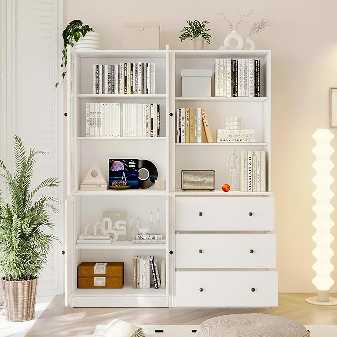 TUSY 71" Bookshelf Bookcase, 3-Tier Modern Bookshelves 3 Large Drawer, Wood Filing Cabinet with Open Storage Shelf, Glass Doors 5-Tier Fixed Storage Shelves for Home Office-Ruum Studio Home