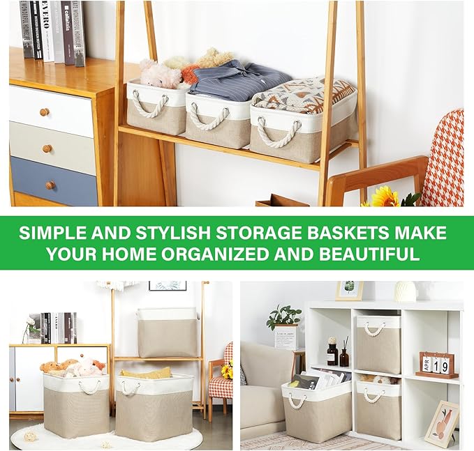 Bidtakay Small Baskets Fabric Storage Baskets for Organizing 3-Pack 12x8x5 Inch Collapsible Storage Bins for Shelves Canvas Bins for Closet Organization Baskets Storage Linen Closet S-White&Beige-Ruum Studio Home