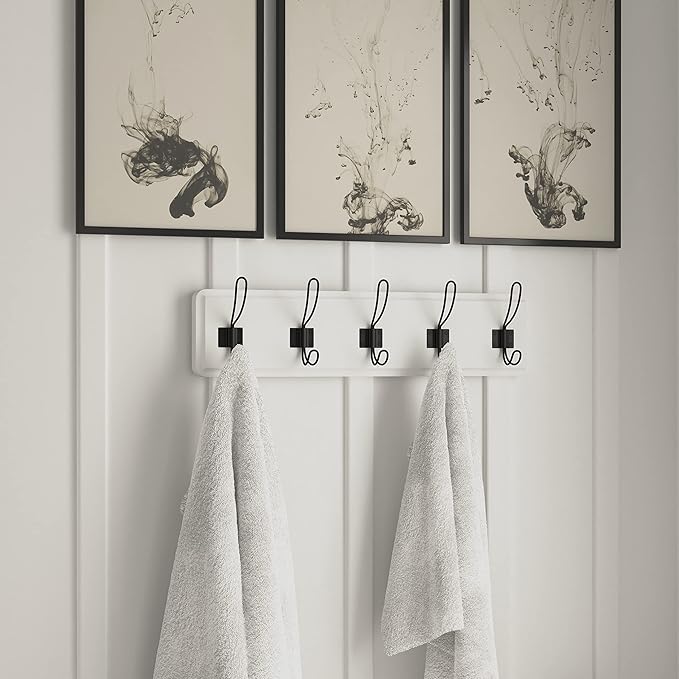 HBCY Creations White Solid Wood Wall Mounted Coat Rack with Shelf, 5 Hooks, 24" Long - Kitchen, Mudroom, Entryway, Bathroom - Includes Mounting Hardware, Coat Hanger, Dog Leash Hooks, Towel Rack-Ruum Studio Home