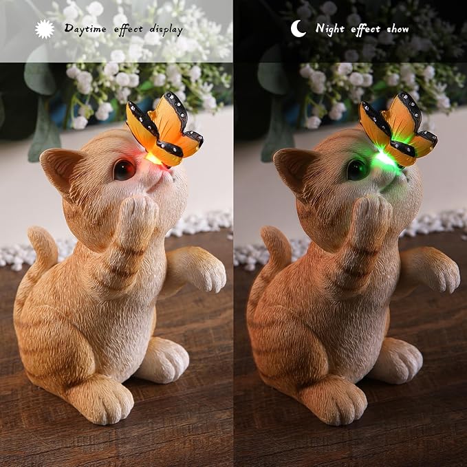 Solar Garden Statue Cute Cat Figurine Fun Color Changing LED Butterfly Light Outdoor Decor Waterproof Resin Sculpture Patio Lawn Art Housewarming Gifts for Cat Lovers Women-Ruum Studio Home