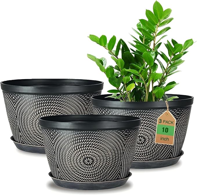 Quarut 10 Inch Flower Pots for Outdoor Indoor, 3 Pack Plastic Plant Pots with Drainage Hole & Tray, Modern Decorative Garden Pot with Saucer, planters for House (Black Copper)-Ruum Studio Home