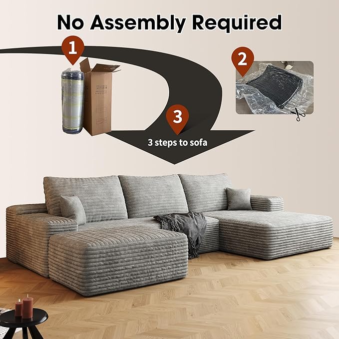 108" Sectional Couches for Living Room Modern Modular Sofa with L-Shape Couchs Upholstered Boneless Couch Deep Seat Sectional Couch with Chaise (Grey, Right Facing Chaise+2Seaters+1Ottoman)-Ruum Studio Home