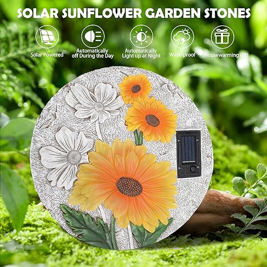 DREAM GARDEN Garden Décor Sunflower Outdoor Decorative Stones, Solar Garden Stone Resin Outdoor Garden Stone Patio, Walkway Stones Yard Art, 10.75 Inch-Ruum Studio Home