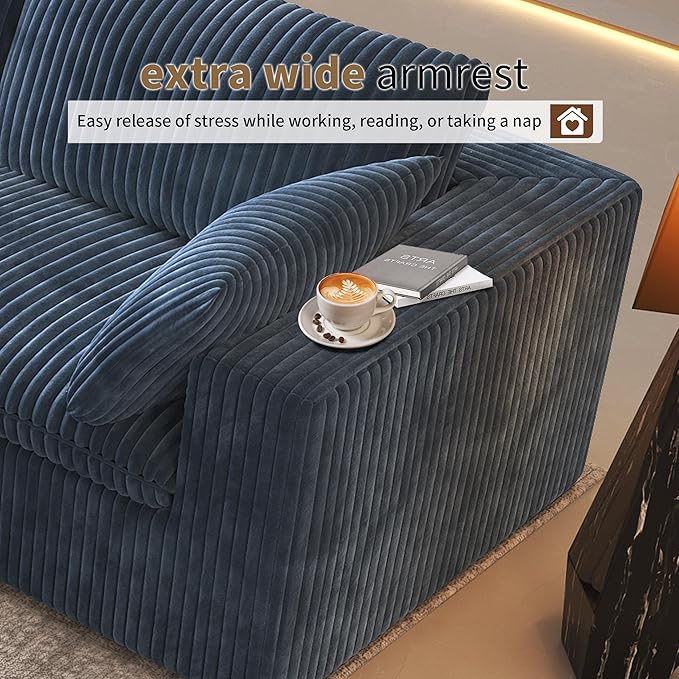 78.74" L Shaped Modern Sofa Modular Sectional Cloud Couch with Ottoman,Upholstered Couches with Plush Corduroy Fabric for Living Room Furniture,Bedroom and Apartment,No Assembly Required,Blue-Ruum Studio Home